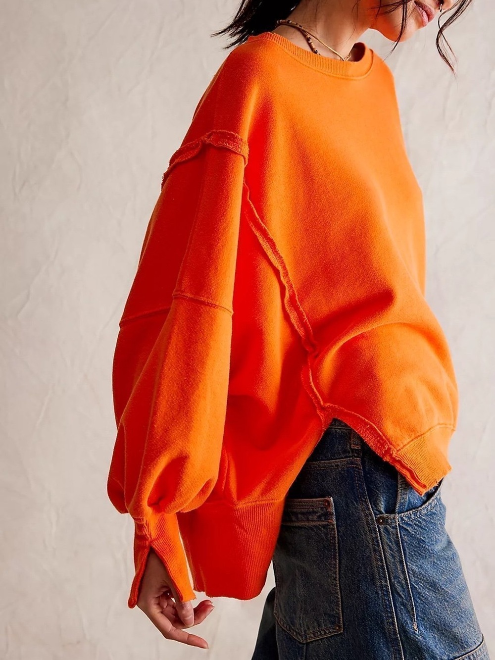 We The Free Orange Oversized Sweatshirt Womens XS Exposed Seam Pullover - Picture 3 of 16
